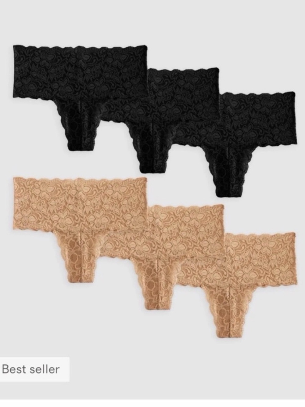 Quince Stretch Lace Thong (6-pack) | Black & Clay | Small | MSRP: $39.90